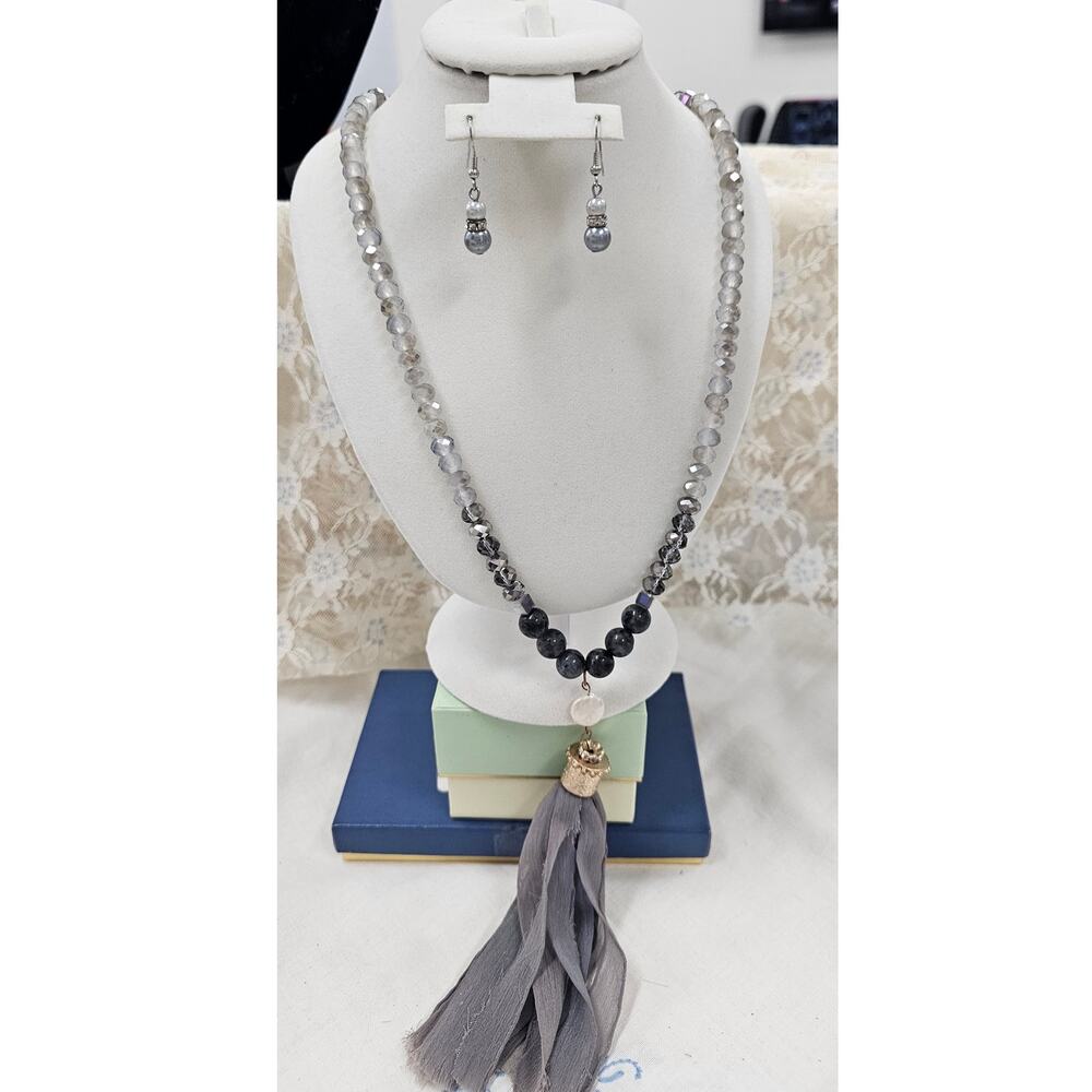 Bohemian Style Gray Crystal Tassel Necklace and Matching Earrings